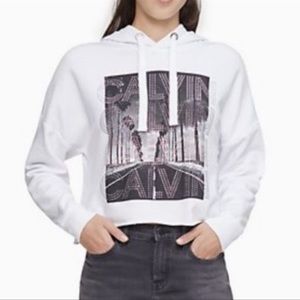 NWT Calvin Klein White Studded Semi Cropped Raw Hem Hoodie  XL